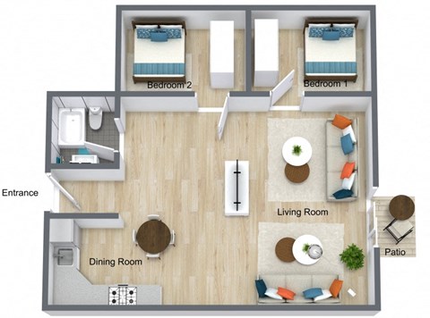a 2 bedroom floor plan with a living room and a dining room